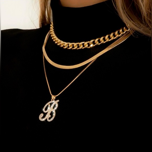 3PC Layered Letter B Rhinestone Gold Chainlink Snake Necklace Bundle Set - Picture 2 of 7